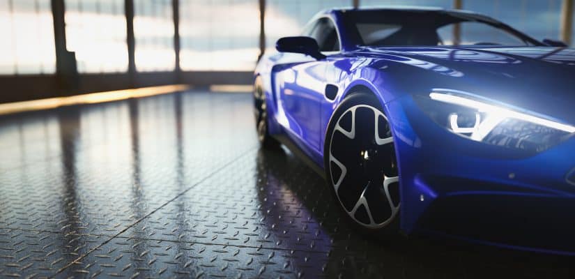 Modern blue coupe sports car in showroom